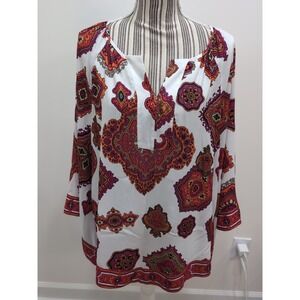 Chicos V-Neck Bell Sleeve Hippie Colorful Geometric Silky Tunic Size 2 Bohemian